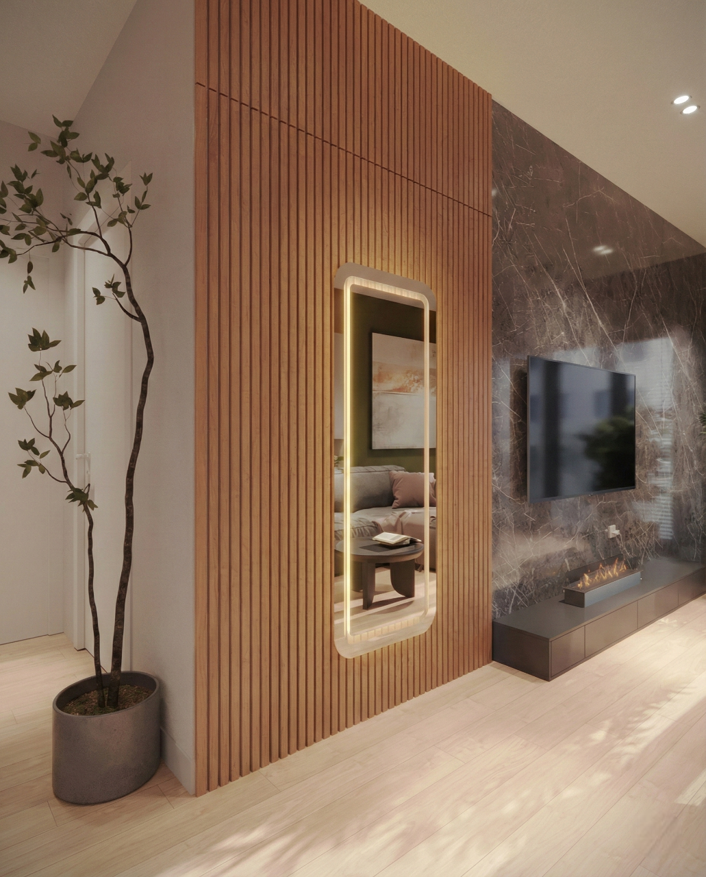 Espelho LED jateado em sala de estar